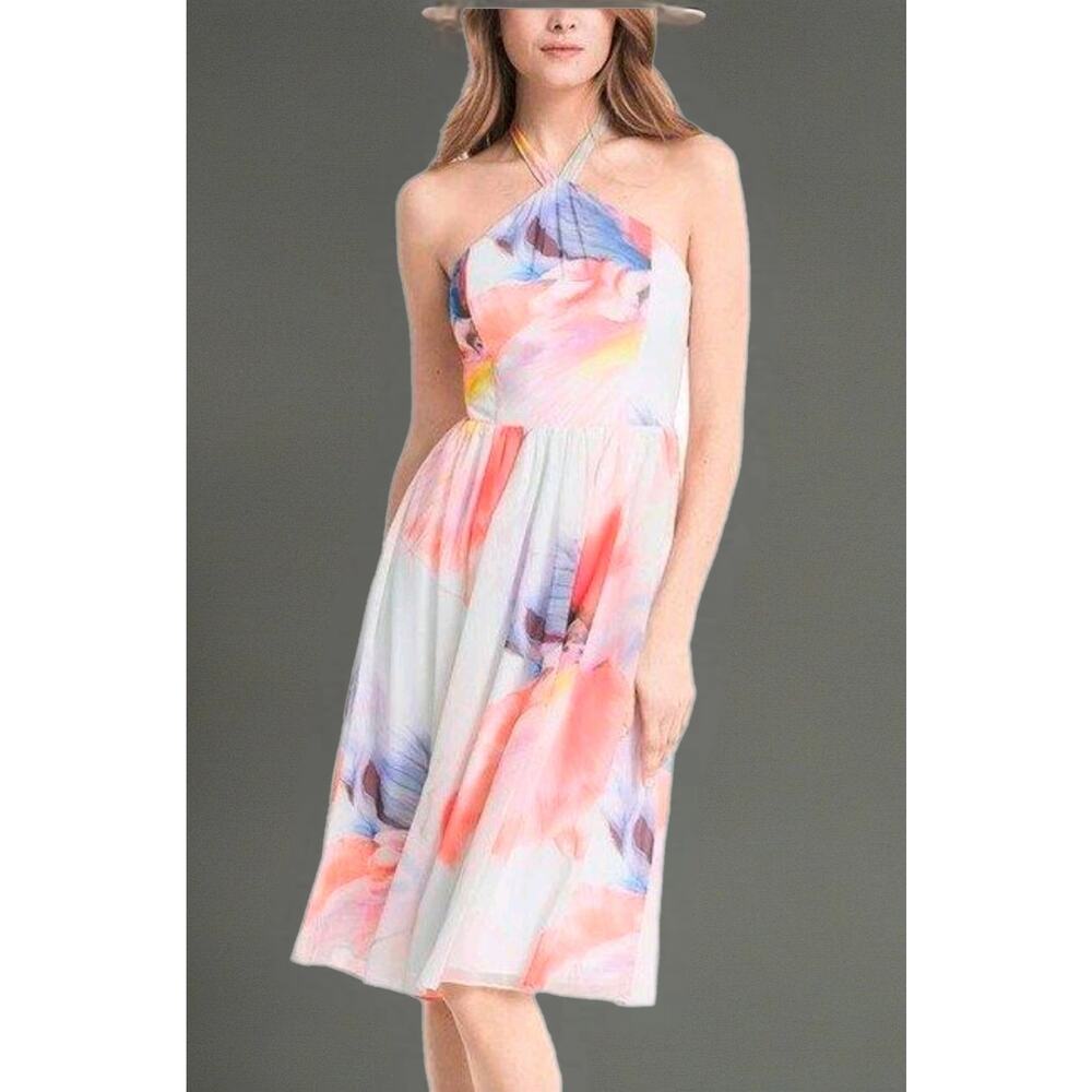 White House Black Market Watercolor Chiffon Halter Dress. Size 2. Ret. $160